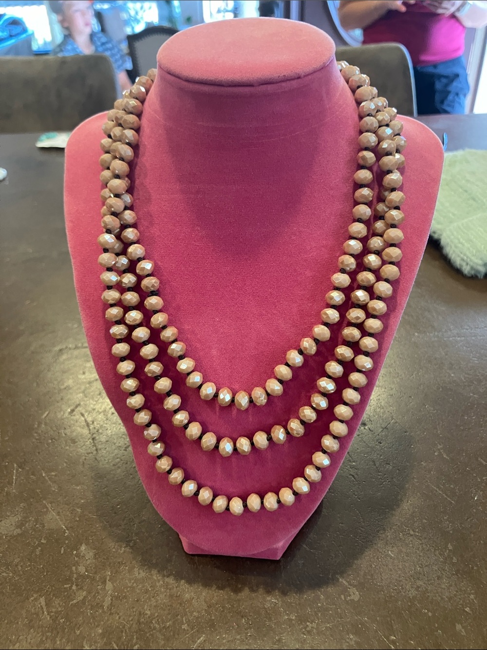 Triple-Strand Faceted Glass Bead Necklace in Beige